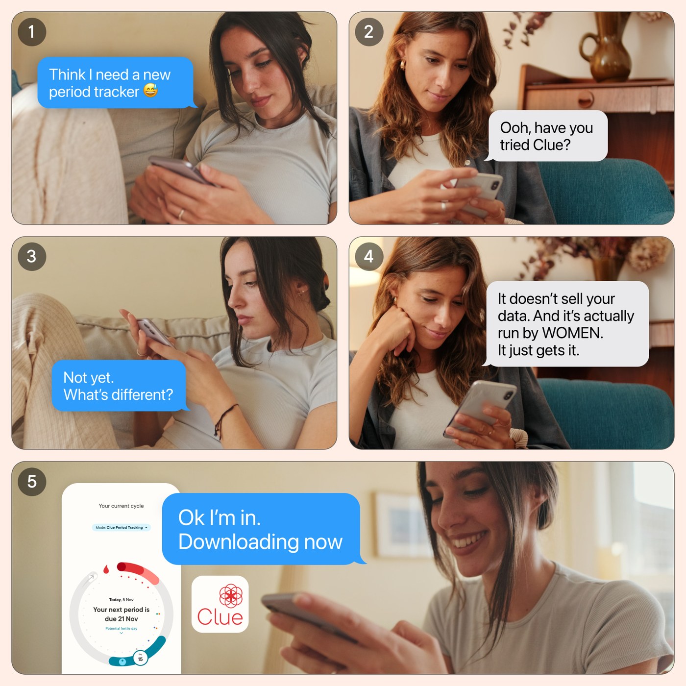 Five panel comic style collage ad showing a text conversation between two friends that ends with one of them downloading Clue.