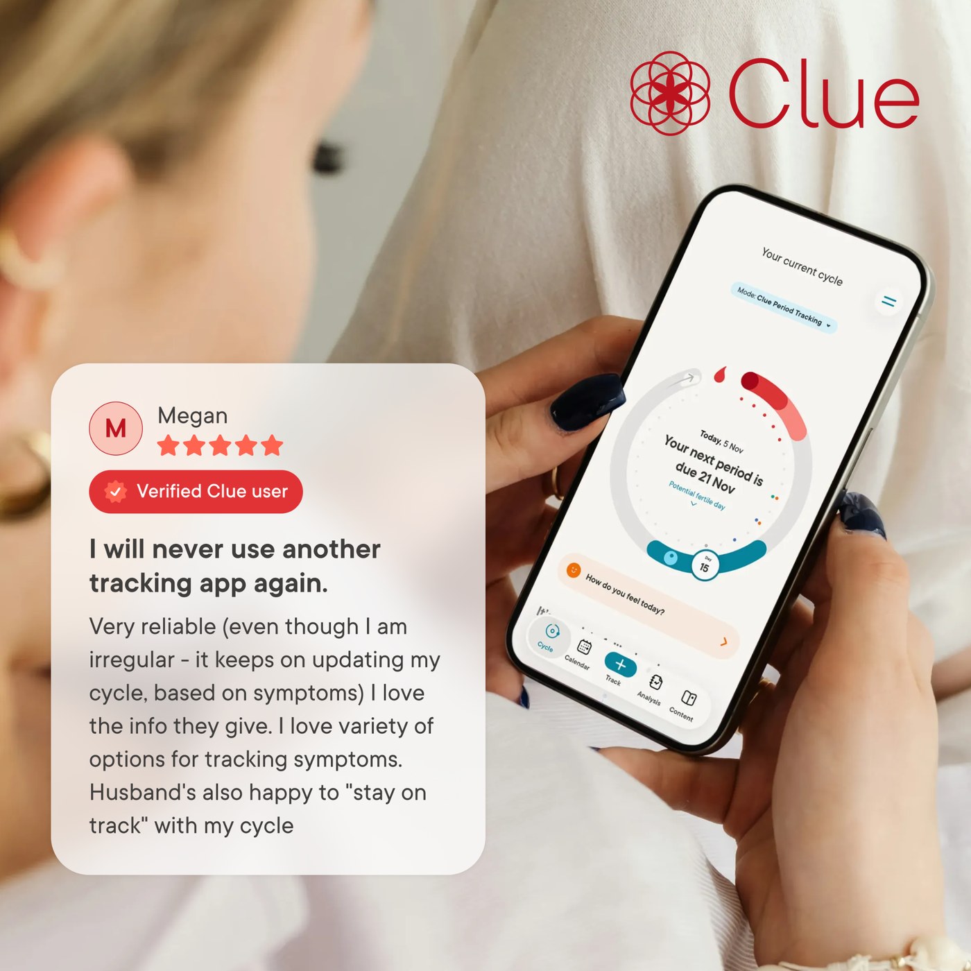 Social proof ad combining a photo of the Clue app on a phone with a five star Clue user review.