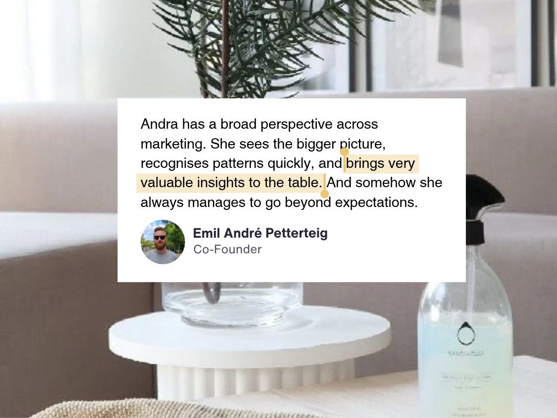 Testimonial from Emil Andr&eacute; Petterteig, Co-Founder of NanoShower: Andra has a broad perspective across marketing. She sees the bigger picture, recognises patterns quickly, and brings very valuable insights to the table. And somehow she always manages to go beyond expectations.